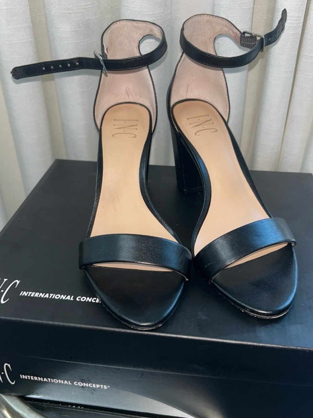 INC International Concepts Black Ankle-Strap Block Heel Sandals